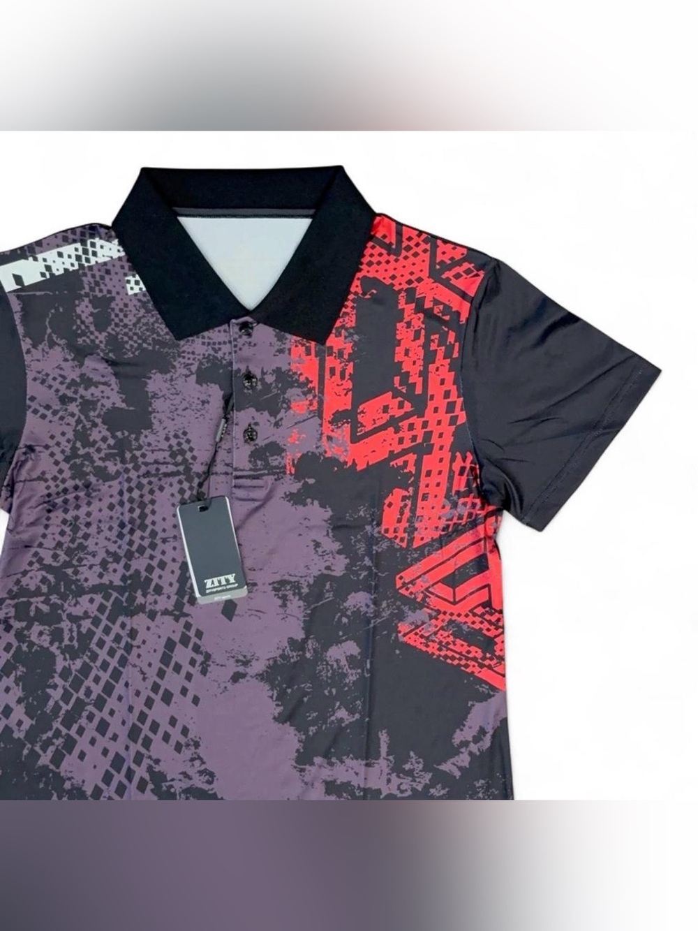 Women’s Ziti Black Golf Polo with Purple and Red Graphic - Picture 4 of 5